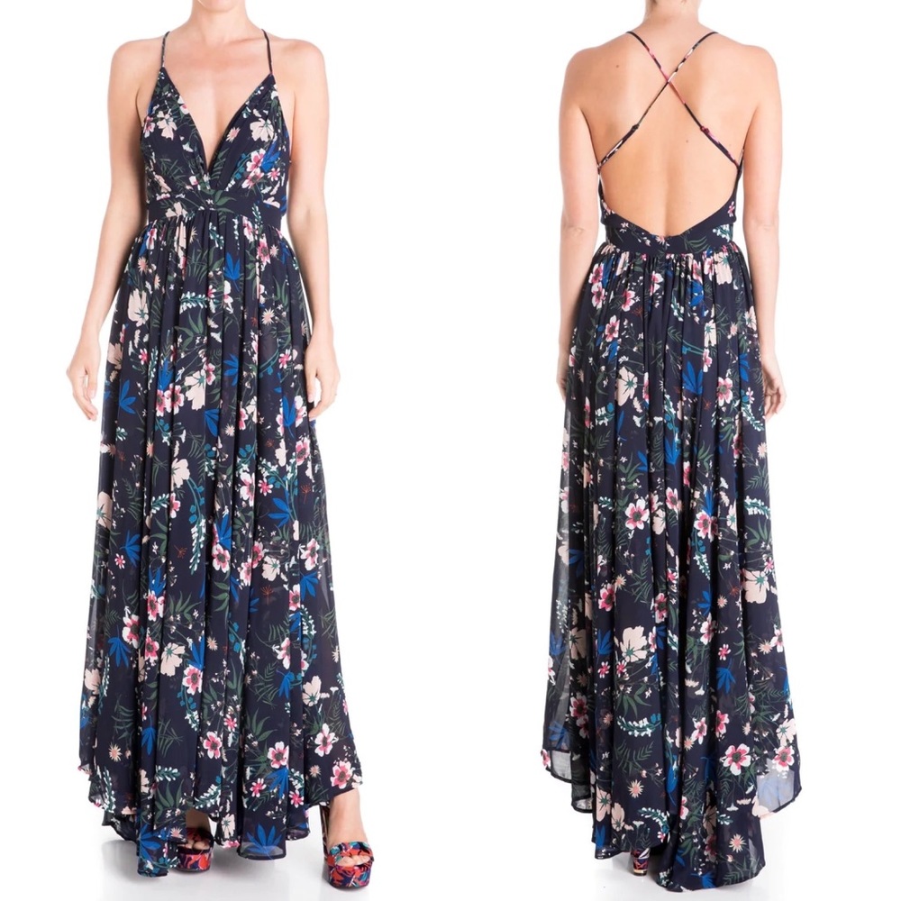 Meghan LA Enchanted Garden Maxi in Wildflower Navy Plunging V-Neckline Bra Cups